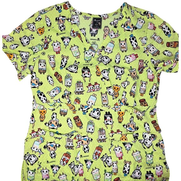 Tokidoki By Koi Womens Scrub Tops Medium V-Neck Short Sleeves Cotton Green - Picture 1 of 5
